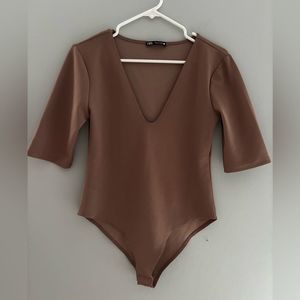 ZARA Pale Pink/Blush Plunging Neckline Bodysuit